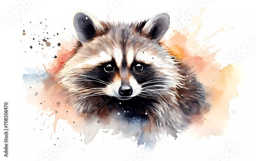 Portrait of a cute raccoon, closeup in watercolor style, on a white background. generative ai