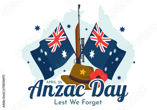 Anzac Day of Lest We Forget Vector Illustration on 25 April with Remembrance Soldier Paying Respect and Red Poppy Flower in Flat Cartoon Background