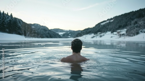 man in the icy water of a winter frozen lake in mountain nature strengthens her immunity by hardening herself