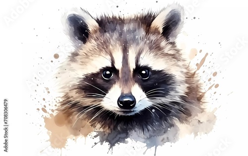 Portrait of a cute raccoon, closeup in watercolor style, on a white background. generative ai
