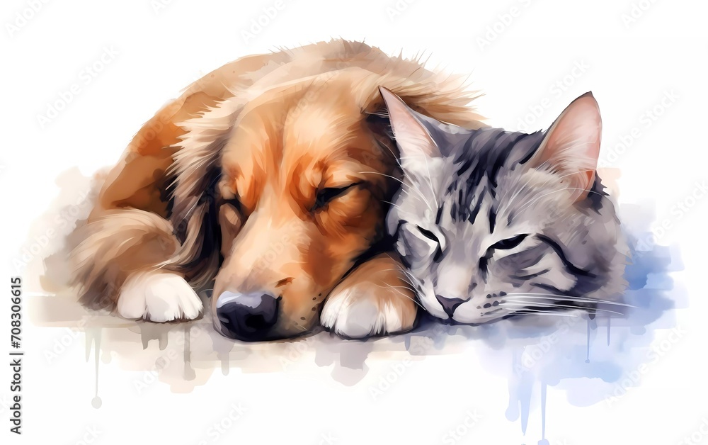 Cat and dog sleep together. in watercolor style, on a white background. generative ai