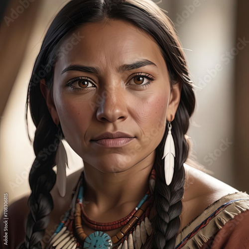 Realistic Portrait of a Strong Native American Woman with Expressive Emotion Gen AI photo