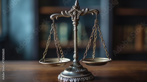 Classic scales of justice on a wooden desk in a legal office