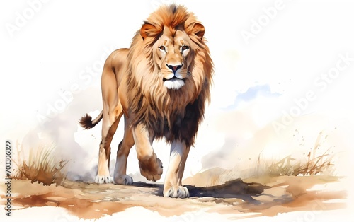 a Lion walking, looking ahead, in watercolor style, white background. generative ai