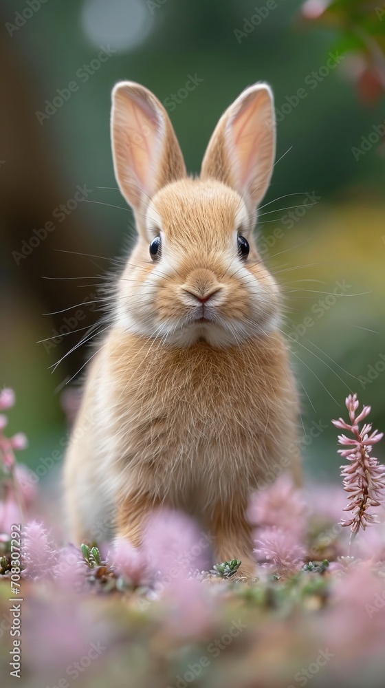 Fototapeta premium A cute little rabbit playing happily on the lawn