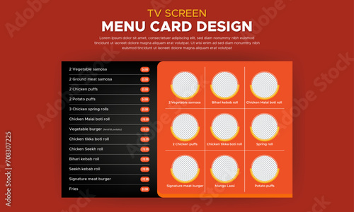 Digital TV Screen Menu Design, Fast food restaurant menu social media marketing template.