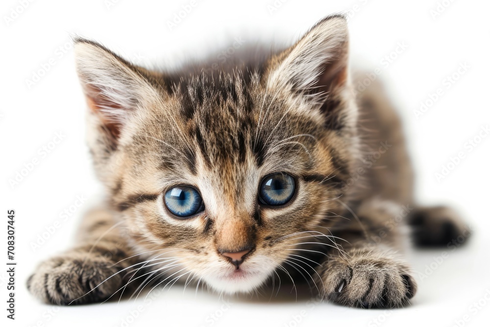 Playful cute tabby fluffy kitten is isolated on white background Playful cute tabby fluffy kitten is isolated on white background