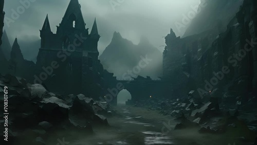 An eerie castle rises from the mist its dark stone walls adorned with sinister symbols and strange runes. photo
