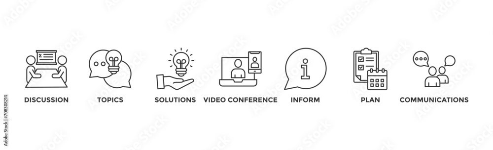 Meeting banner web icon vector illustration for business meeting and discussion with communications, topics, solutions, plan, inform and video conference icon	 - obrazy, fototapety, plakaty 