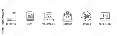 Information technology banner web with icon of computer, data, programming, database, internet, network, and technology	