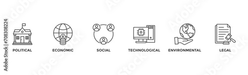 Pestel banner web icon vector illustration concept of political economic social technological environmental legal with icon of governance, finance, network, automation, ecology, law statement	