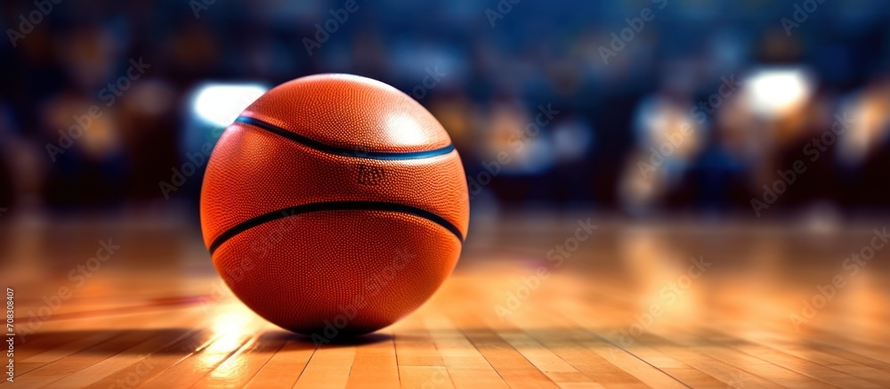 Basketball on court floor, close up with blurred arena in background.