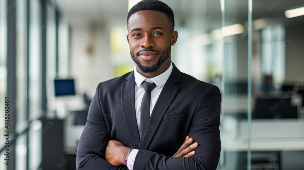 Successful African American businessman standing in office. Successful African American businessman standing in office.
