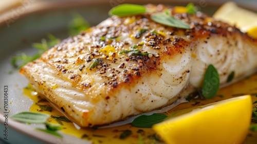 Grilled fish fillet seasoned with herbs on a ceramic plate