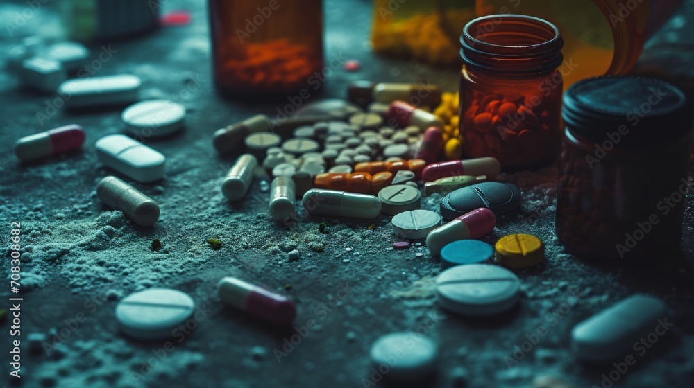 Illegal drugs cast in shadows hint at a darker side of medicine - obrazy, fototapety, plakaty 