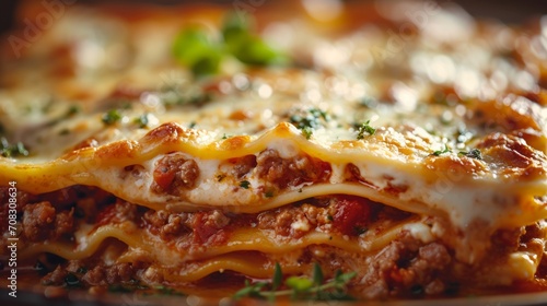  Layers of delicious lasagna in a ceramic dish fresh from the oven