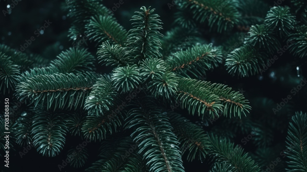 Beautiful Christmas Background with green fir tree brunch close up. Copy space, trendy moody dark toned design for seasonal quotes. Vintage December wallpaper.