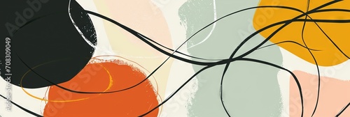 Modern abstract shapes with squiggly doodle black line over for minimalist digital print. Bold color palette, iconic, charming, colorful geometric. Drawing vector design. Great for decoration poster.