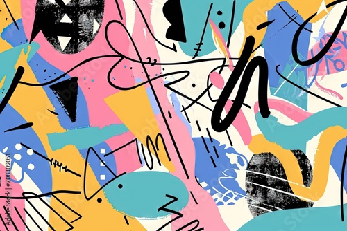 Modern abstract shapes with squiggly doodle black line over for minimalist digital print. Bold color palette, iconic, charming, colorful geometric. Drawing vector design. Great for decoration poster.