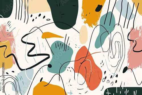 Modern abstract shapes with squiggly doodle black line over for minimalist digital print. Bold color palette, iconic, charming, colorful geometric. Drawing vector design. Great for decoration poster.