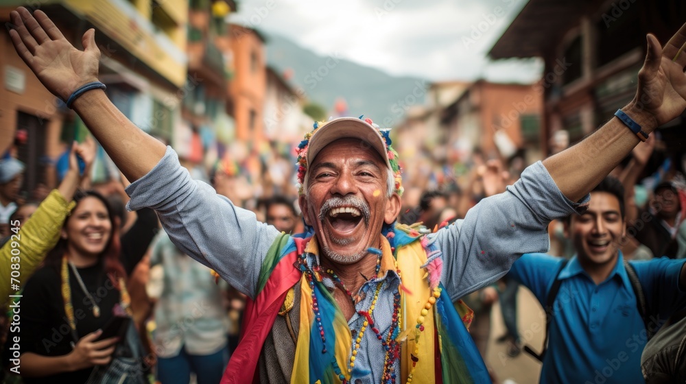 Excitement of the Colombian people festival times. Happy man raised his hands up and celebrate in the streets. Generative ai