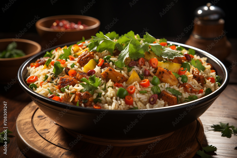 Closeup of Rice fried with fried chicken and pineapple in black bowl on wooden table. Closeup of Rice fried with fried chicken and pineapple in black bowl on wooden table.