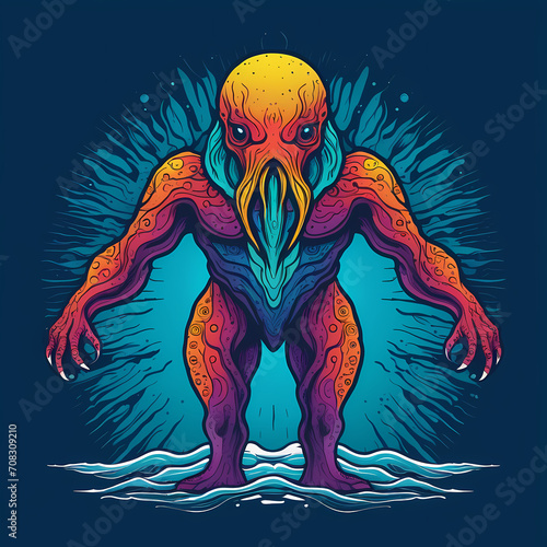 Full body deep ocean monster artwork for t shirt  tattoo  poster. Graphic design ready to print. Easy to edit and remove background.