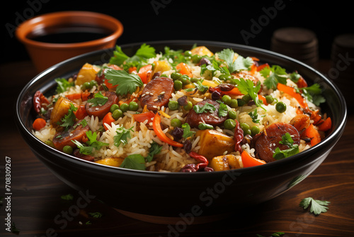 Closeup of Rice fried with sausage and pineapple in black bowl on wooden table.