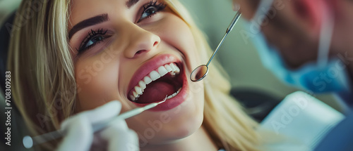 A young woman undergoes a smile makeover as she receives a thorough dental check-up, her lips adorned with lipstick and her eyelashes fluttering in excitement while her tongue and teeth are meticulou photo