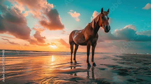 A brown horse standing on top of a sandy beach under a cloudy blue and orange sky with a sunset