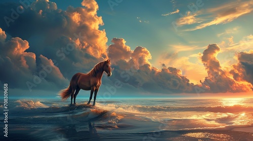 A brown horse standing on top of a sandy beach under a cloudy blue and orange sky with a sunset