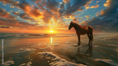 A brown horse standing on top of a sandy beach under a cloudy blue and orange sky with a sunset © Ahmad-Muslimin