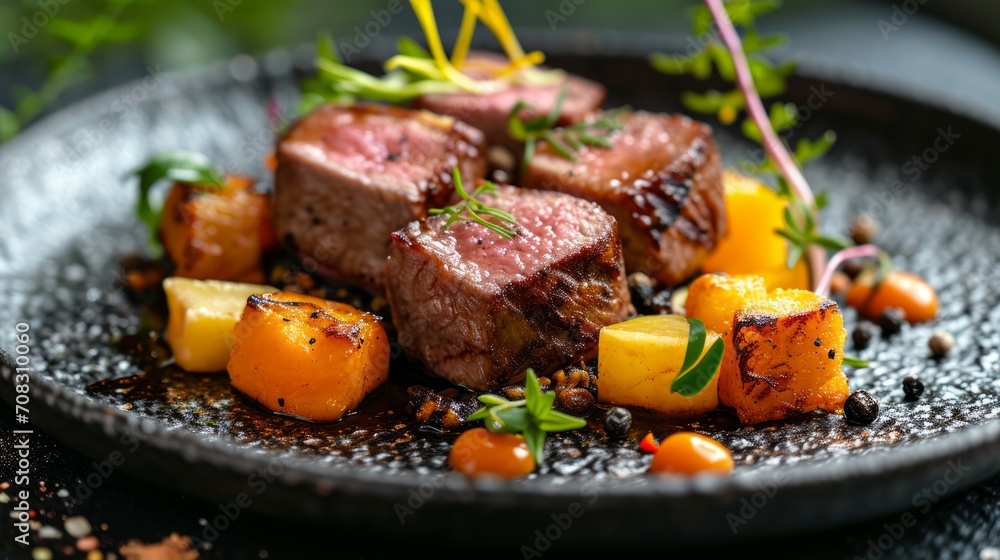 Elegant plate of gourmet steak with vibrant vegetable garnish