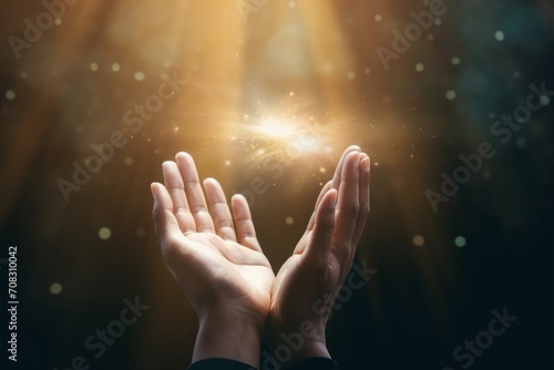 Human hands open palm up worship with faith in religion and belief in God on blessing background.Christian Religion concept background, Generative AI photo
