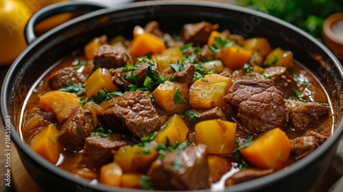Hearty homemade beef stew with vegetables in a rustic pot
