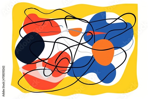 Modern abstract shapes with squiggly doodle black line over for minimalist digital print. Bold color palette, iconic, charming, colorful geometrics.
