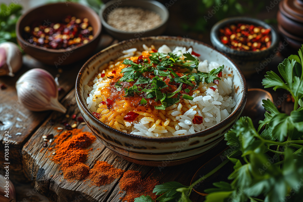 Rice with fried garlic and coriander and chilli in small ceramic bowl on wooden table. Rice with fried garlic and coriander and chilli in small ceramic bowl on wooden table.