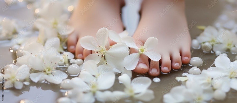 Beautiful baby foot adorned with small white flower.