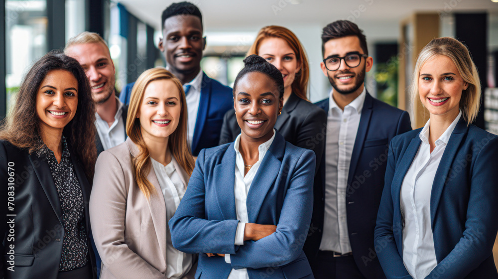 Fototapeta premium Portrait of successful group of business people at modern office looking at camera. Portrait of happy businessmen and satisfied businesswomen standing as a team. Multiethnic group of people smiling.