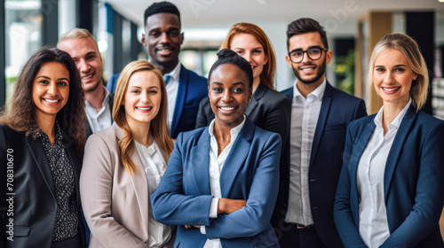 Portrait of successful group of business people at modern office looking at camera. Portrait of happy businessmen and satisfied businesswomen standing as a team. Multiethnic group of people smiling.