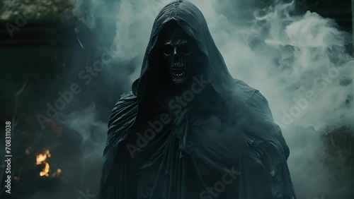 An undead entity in a shroud of nightmarish smoke an ominous robed figure lurking in the shadows of an ancient graveyard. photo