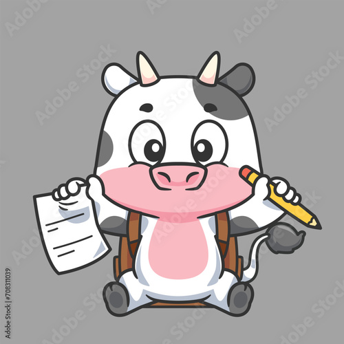 Cartoon cow animal school writing with pencil and paper