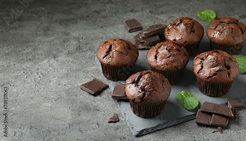 Mouthwatering Moments: Chocolate Muffins Invitingly Arranged on a Sleek Grey Background"