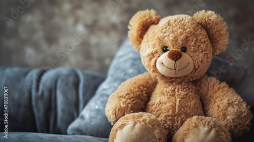 Cuddly teddy bear with friendly expression, sitting comfortably and inviting hug.