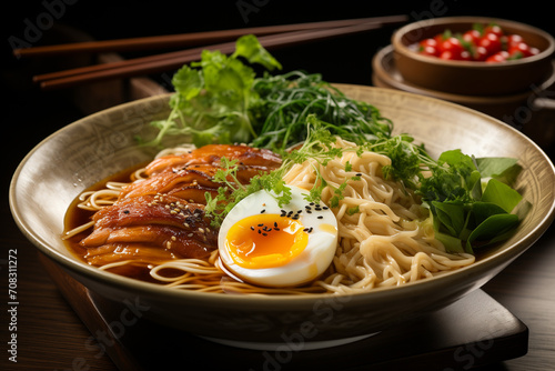 Roasted duck noodles and boiled egg with parsley and sesame in black bowl on wooden table.