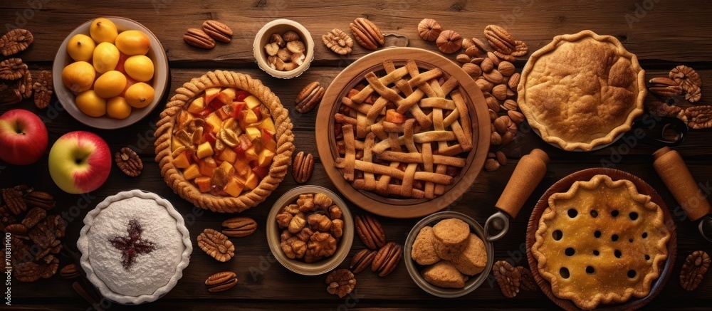 Assorted homemade pies and apples on the table Assorted homemade pies and apples on the table