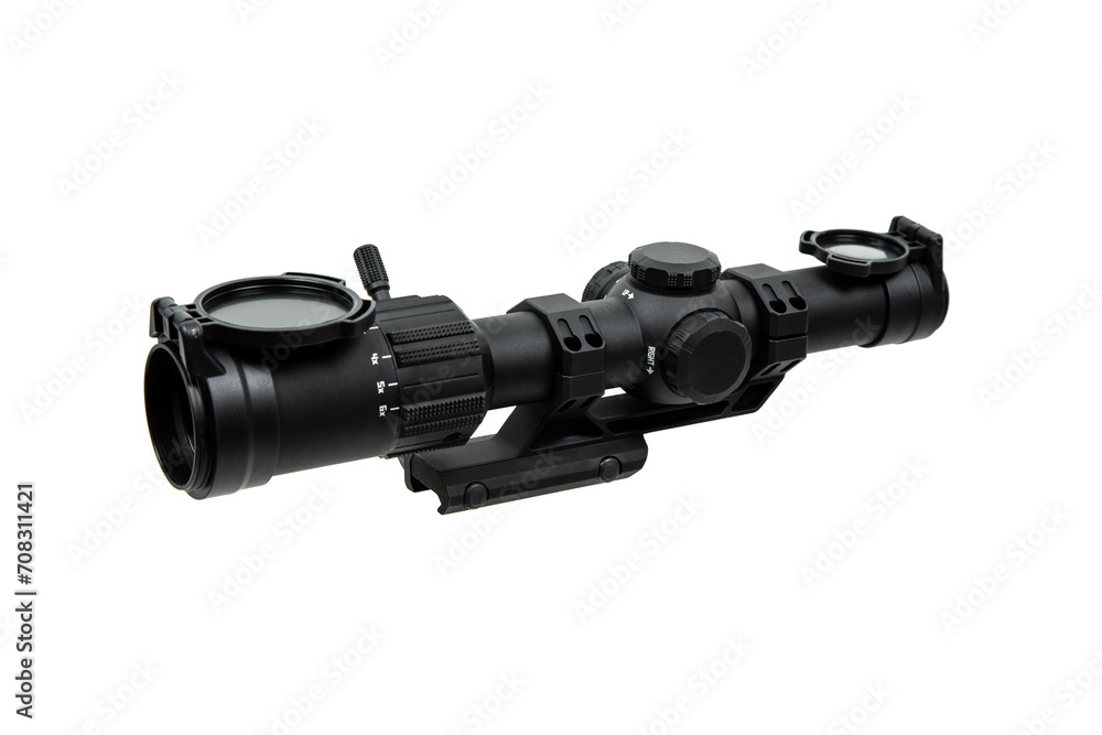 Modern sniper scope on a white back. Optical device for aiming and shooting at long distances.