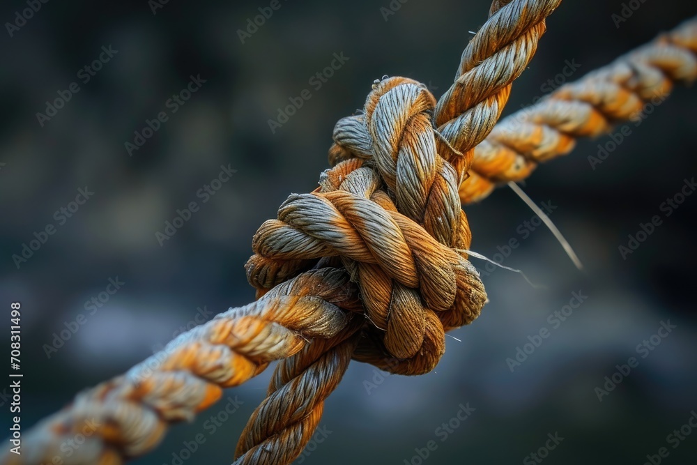 rope is twisted and tied securely, its fibers are visible and show signs of wear but remain strong rope is twisted and tied securely, its fibers are visible and show signs of wear but remain strong