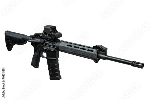 Modern automatic rifle isolated on white background. Weapons for police, special forces and the army. A carbine with red dot sight on a white back