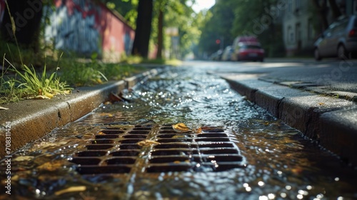 Functional water drain system along street, efficiently managing rainwater. photo
